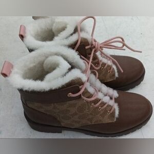 Coach Brown and Pink Kids Fur-Lined Ankle Boots